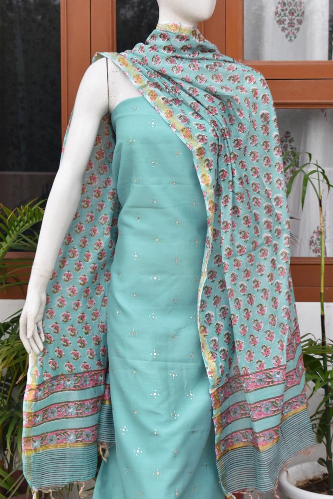 Beautiful Sanganer Hand Block print dupatta with Chanderi Muqaish Work Kurta fabric