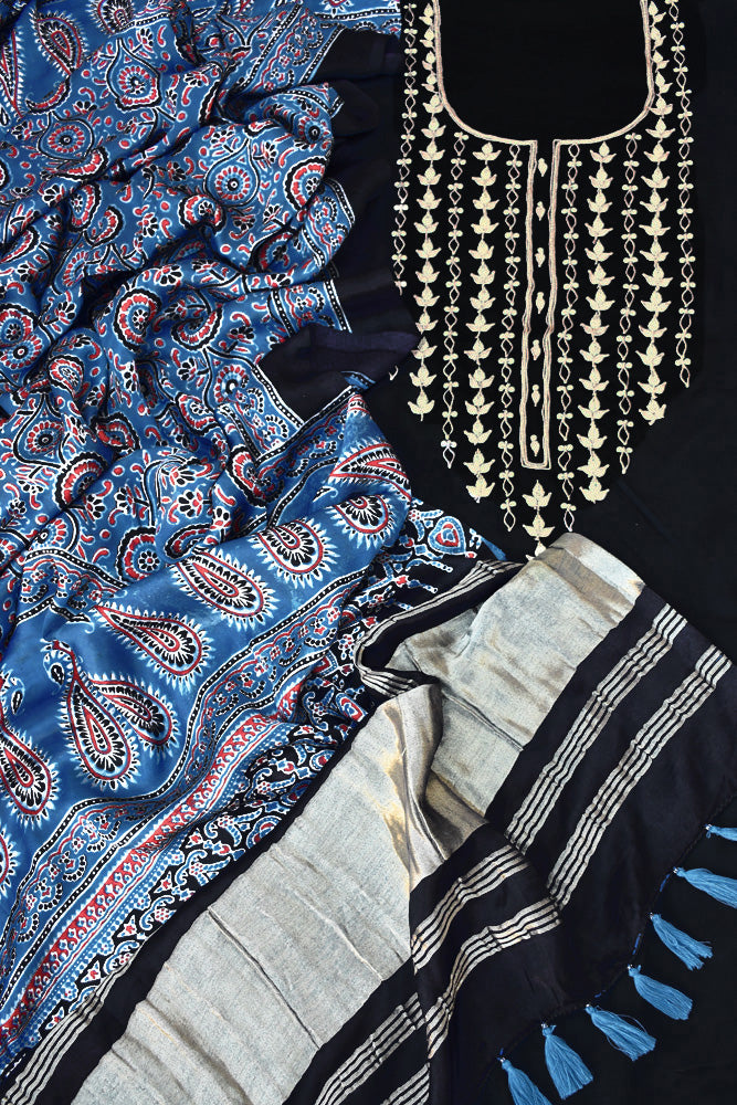 Exquisite Hand Embroidered Modal Silk Kurta fabric & Ajrakh Dupatta with Tassels
