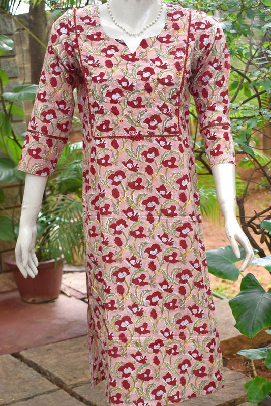 Hand Block Print Cotton Kurta with mirror & aari work