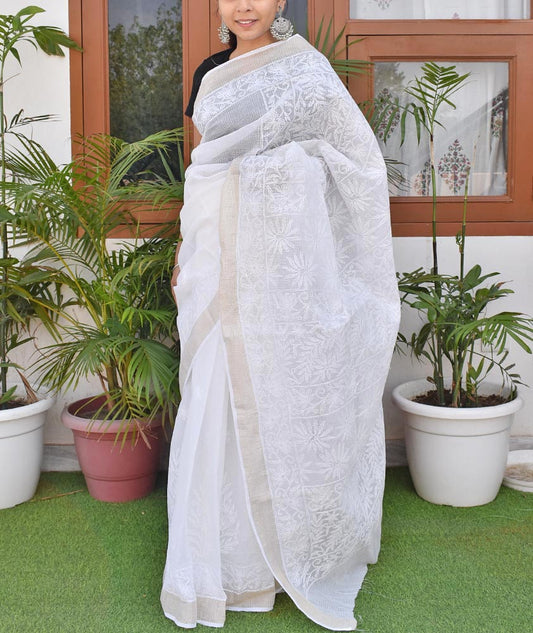 Milky white Kota cotton Saree with zari border & Hand Tepchi work / Lucknowi Chikan work ( with BP)