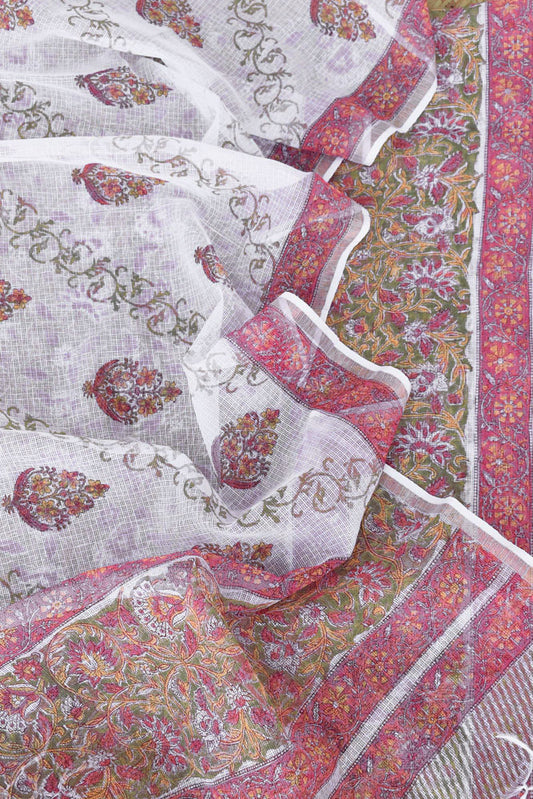Elegant White Hand Block Printed Kota cotton Kurta fabric & Dupatta set with Sanganeri Block print