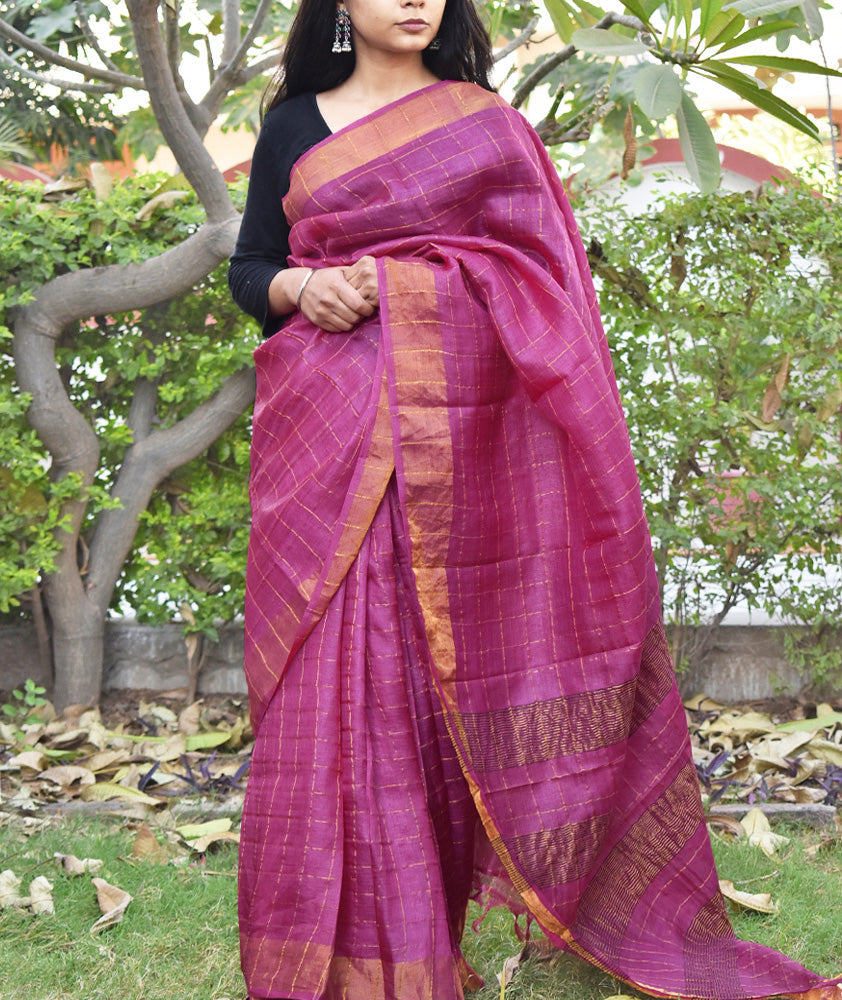Beautiful Tussar Silk Saree with Woven Zari Checks & Zari border
