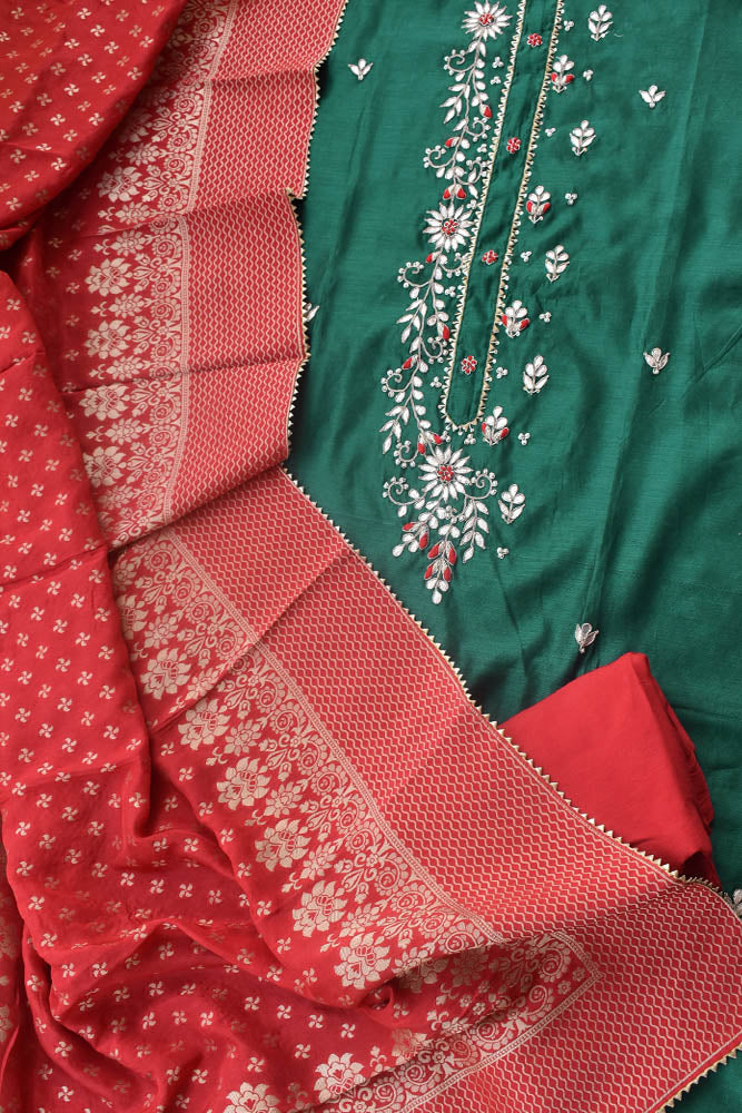 Beautiful  Chanderi unstitched suit fabric with hand embroidery & Banarasi Dupatta