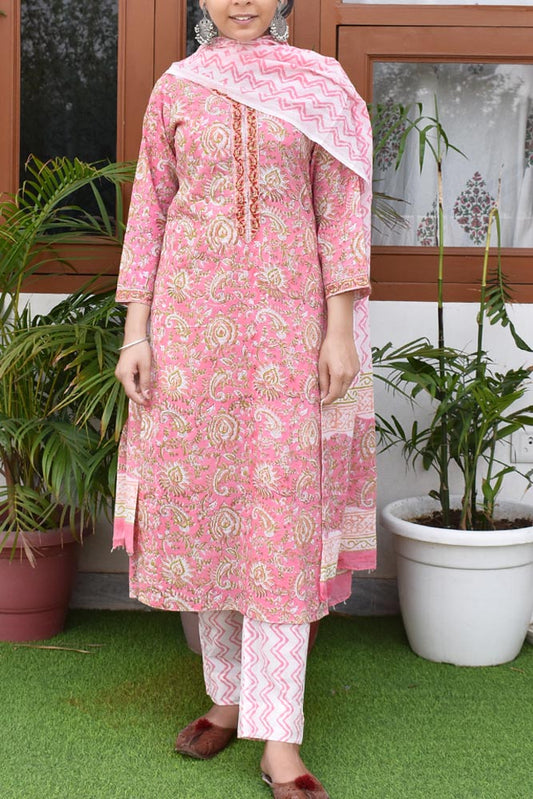 Hand Block Printed Cotton suit with Hand Embroidery - Kurta , Cotton Dupatta & Pant - size 40, 46