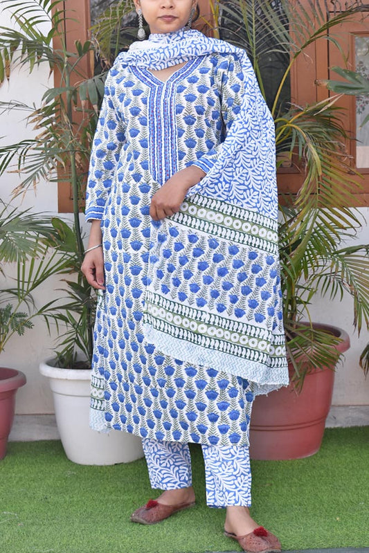 Hand Block Printed Cotton suit with Hand Embroidery - Kurta , Cotton Dupatta & Pant - size 38, 40, 42