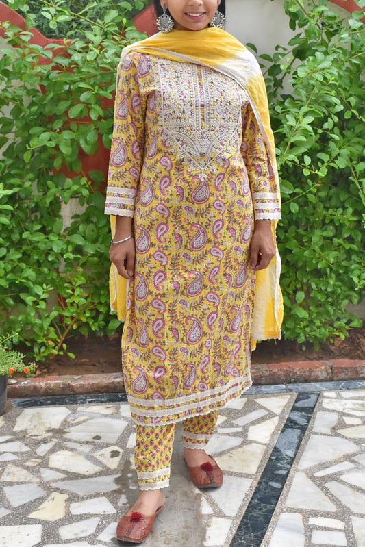 Hand Block Printed Cotton suit  with Embroidery & stitched lace borders- Kurta , Narrow Dupatta & Pant - size 38