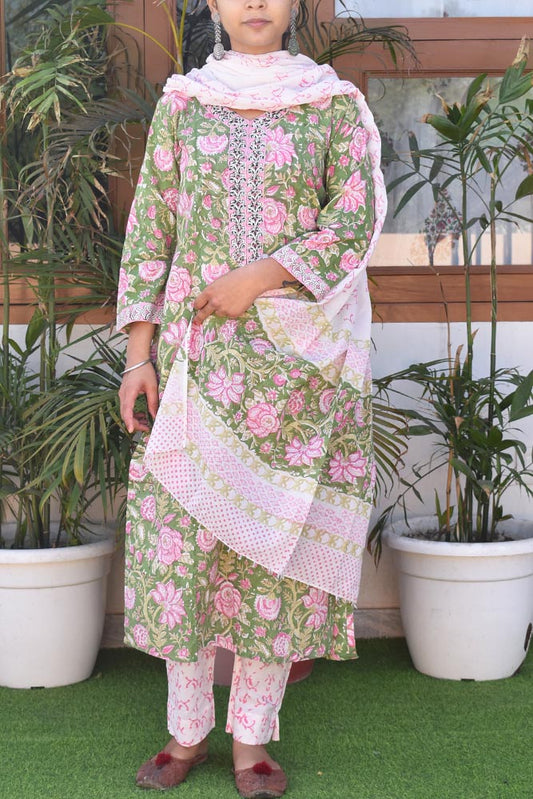 Hand Block Printed Cotton suit with Hand Embroidery - Kurta , Cotton Dupatta & Pant - size 38, 40, 42