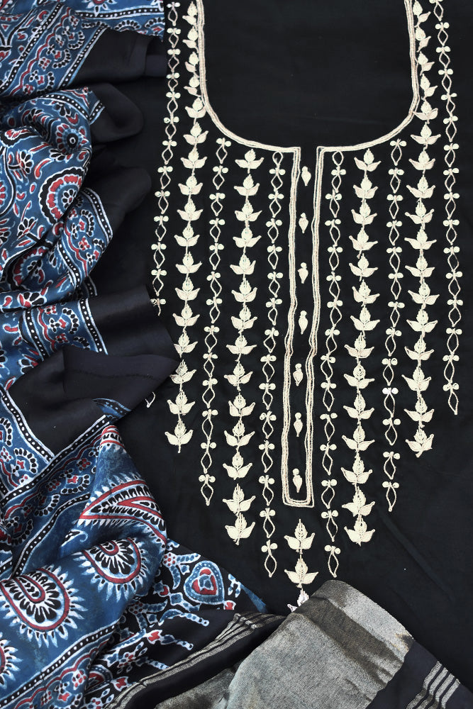 Exquisite Hand Embroidered Modal Silk Kurta fabric & Ajrakh Dupatta with Tassels