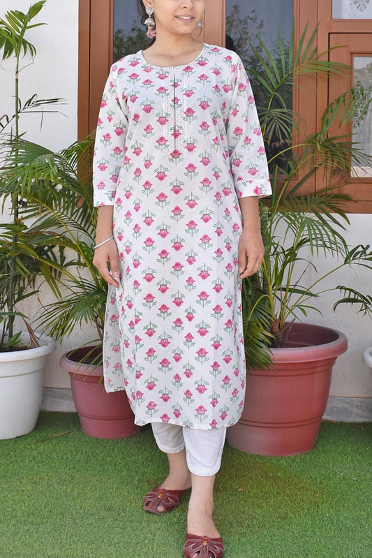 Beautiful Cotton Kurta with Hand Embroidery  size - 36,38