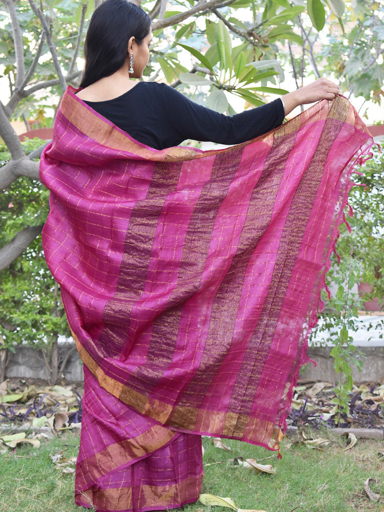 Beautiful Tussar Silk Saree with Woven Zari Checks & Zari border