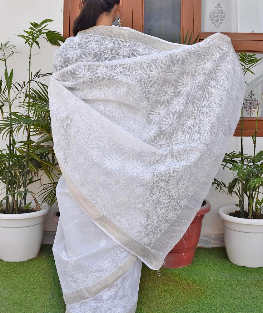 Milky white Kota cotton Saree with zari border & Hand Tepchi work / Lucknowi Chikan work ( with BP)