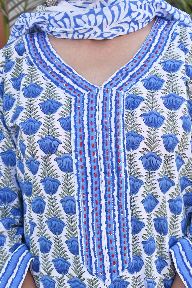 Hand Block Printed Cotton suit with Hand Embroidery - Kurta , Cotton Dupatta & Pant - size 38, 40, 42