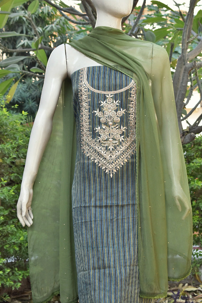 Exclusive Hand Embroidered Mashru Kurta fabric with Ajrakh block print with muqaish & Crochet work chiffon dupatta