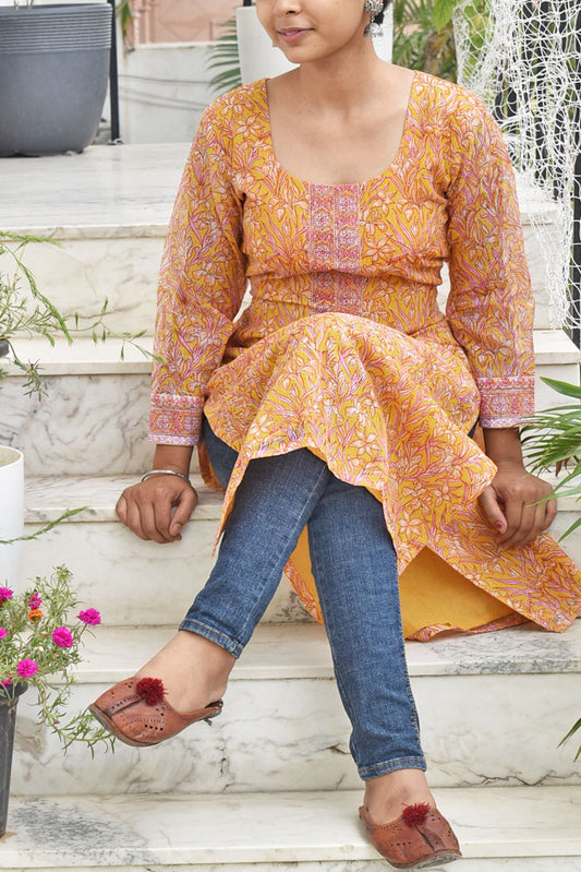 Elegant Block Printed Kota Doria Cotton Kurta - sizr 38