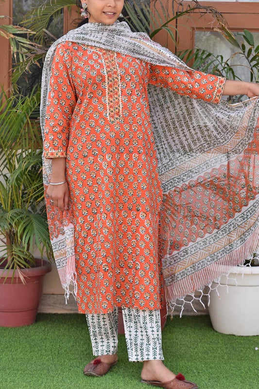 Hand Block Printed Cotton suit - Kurta , Dupatta & Pant - size  40, 42, 44