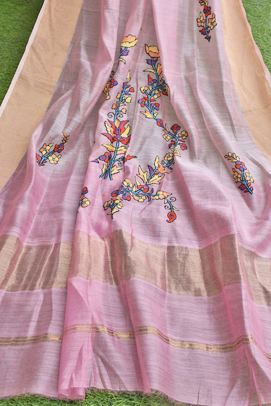 Elegant Pure Ombre Dyed Maheshwari Silk Cotton Dupatta with Kashmiri Hand Embroidery