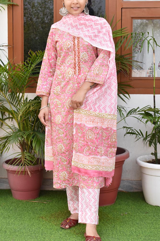 Hand Block Printed Cotton suit with Hand Embroidery - Kurta , Cotton Dupatta & Pant - size 40, 46