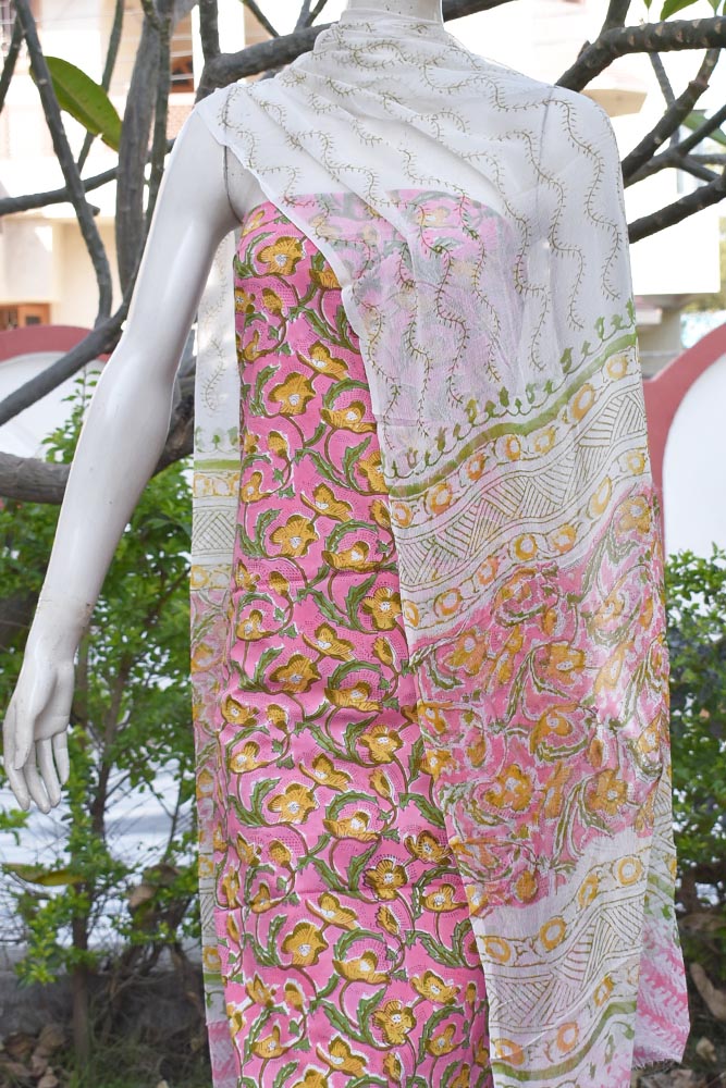 Beautiful Block Printed Cotton unstitched suit fabric with Chiffon dupatta