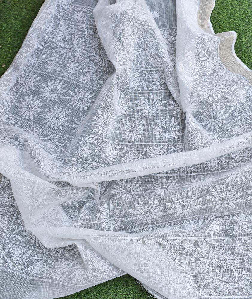 Milky white Kota cotton Saree with zari border & Hand Tepchi work / Lucknowi Chikan work ( with BP)