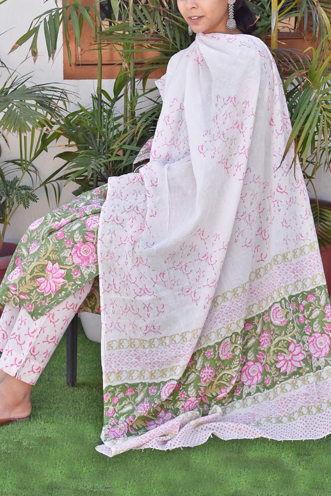 Hand Block Printed Cotton suit with Hand Embroidery - Kurta , Cotton Dupatta & Pant - size 38, 40, 42