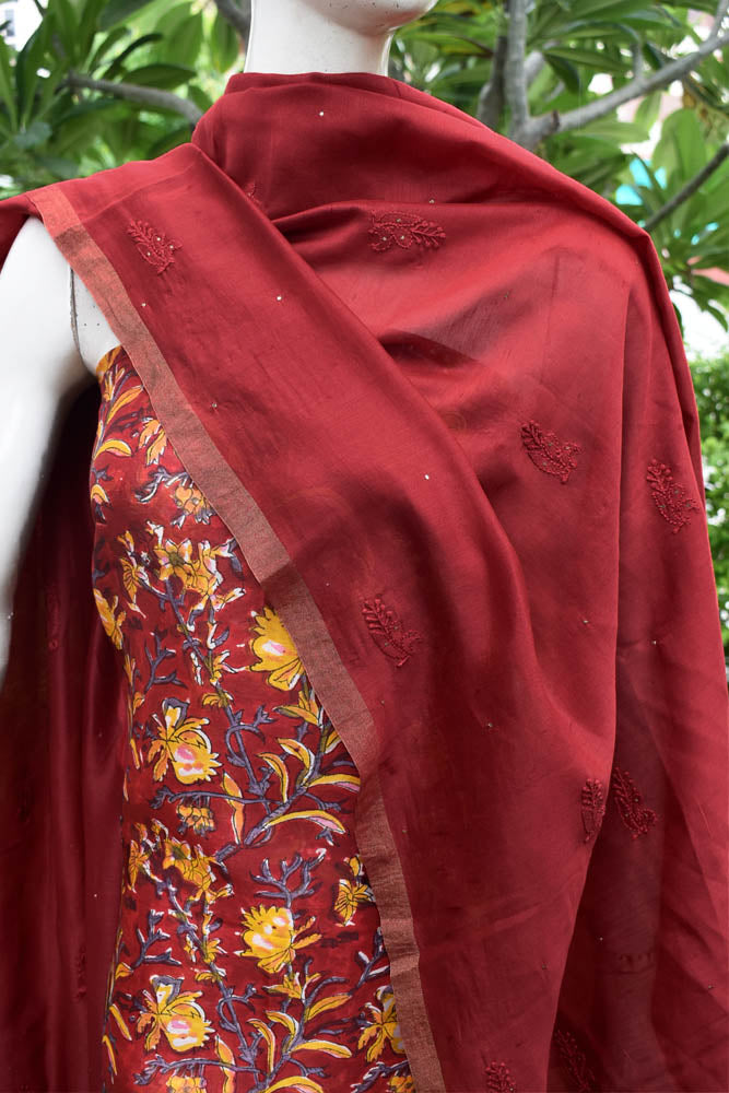 Exquisite Hand Block Print Chanderi kurta with Hand Chikankari & Muqaish Work Chanderi dupatta