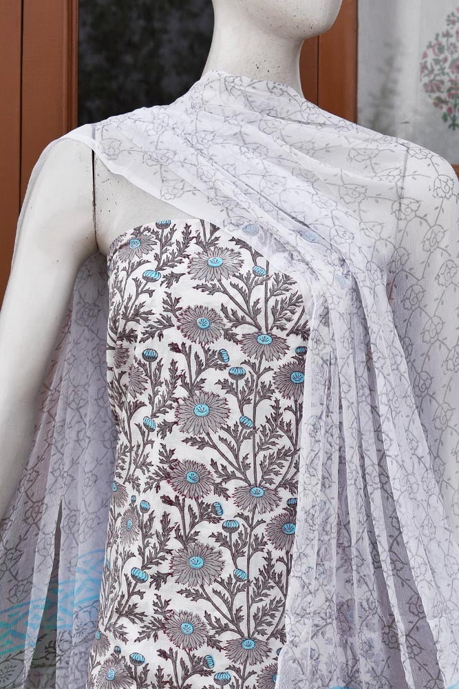 Shwet : Summery White Block Printed Cotton unstitched suit fabric with Chiffon dupatta