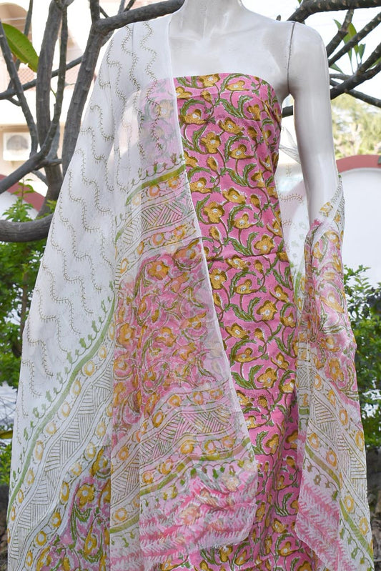 Beautiful Block Printed Cotton unstitched suit fabric with Chiffon dupatta