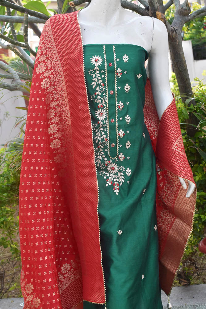 Beautiful  Chanderi unstitched suit fabric with hand embroidery & Banarasi Dupatta