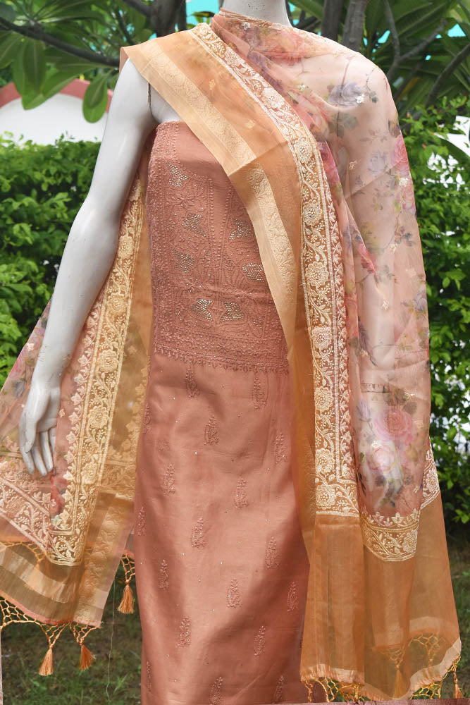 Elegant Chanderi Kurta with Hand Chikankari & Muqaish work & Organza dupatta with digital print & embroidery