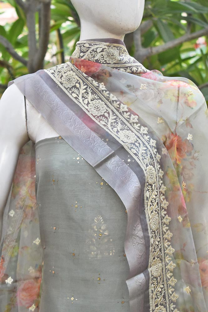 Elegant Chanderi  Kurta with Muqaish work & Embroidered Organza dupatta Set