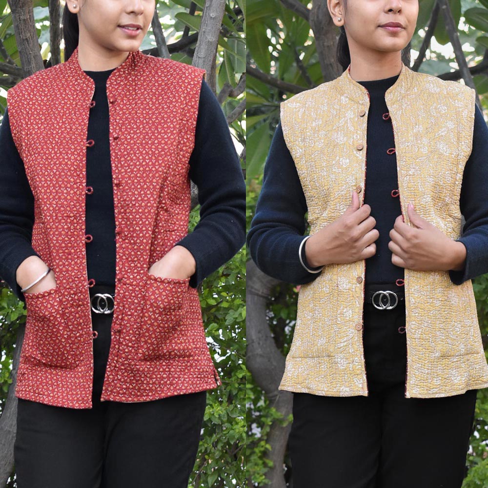 Block Print Quilted Reversible Sleeveless cotton jacket -Size  34
