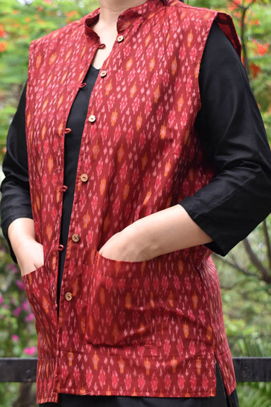Elegant Ikkat Silk Cotton Sleeveless Jacket - size 38