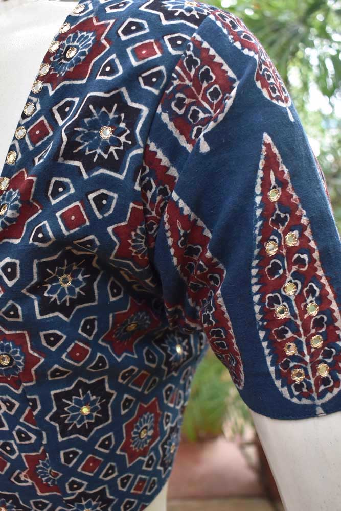 Hand Block Print Ajrakh Cotton Blouse with hand done mirror work- Size 38