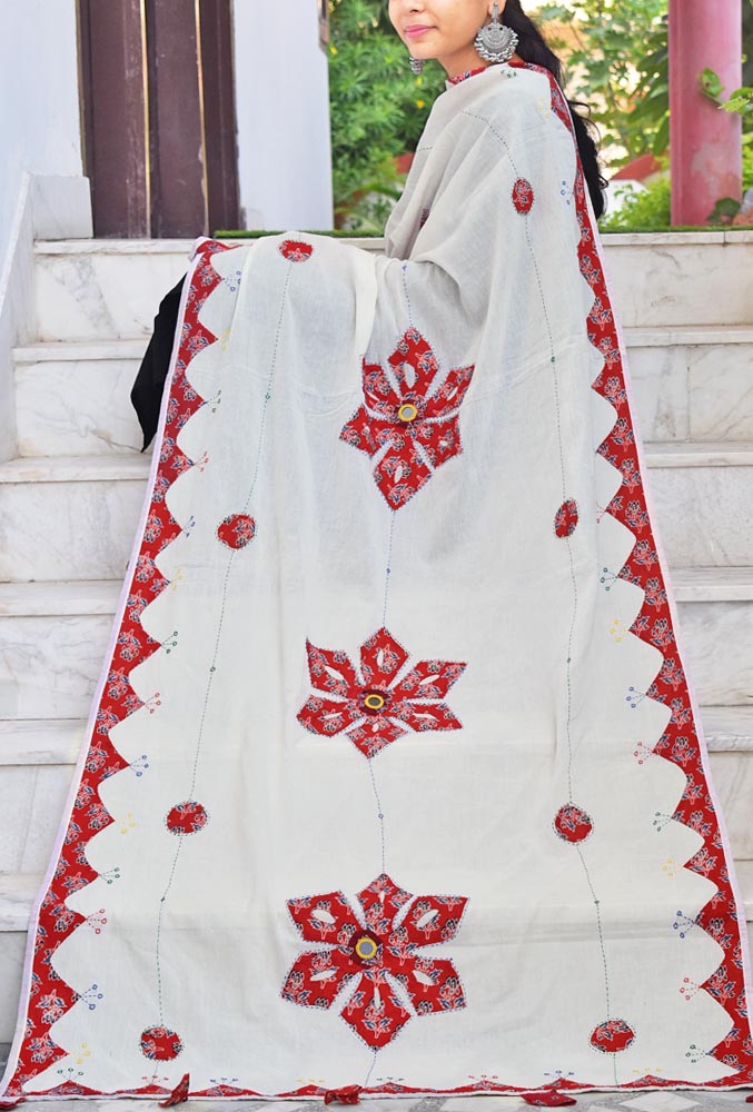 Beautiful Hand Applique work Cotton Dupatta with hand embroidery