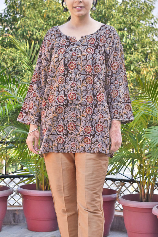 Machalipatnam Kalamkari Hand Block Printed Cotton Short Kurta with sequins on yoke - Size - 44