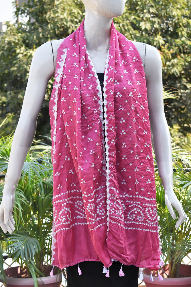 Beautiful Handcrafted Bandhani Modal Silk Stole with tassels