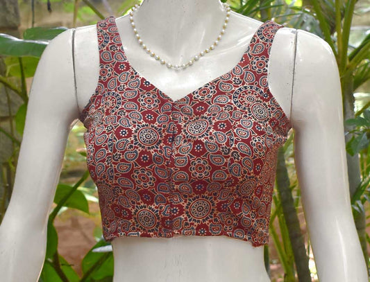 Sleeveless Ajrakh Mashru silk Padded Sleeveless Blouse - Size 34