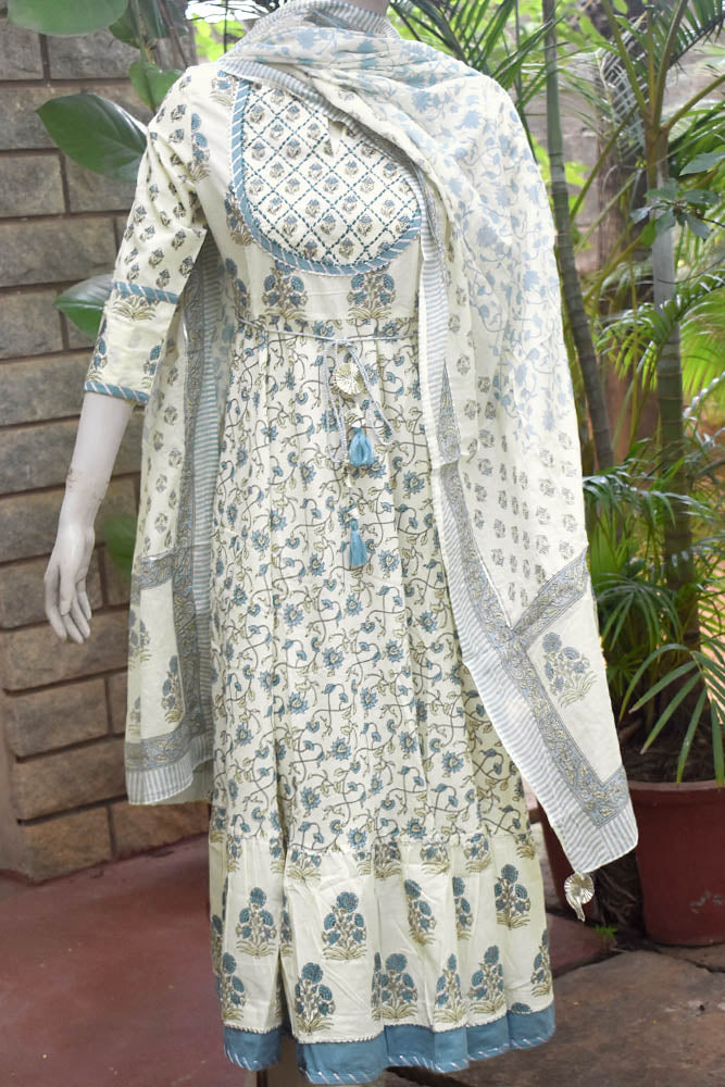 Hand Block Printed Anarkali Cotton dress - Kurta & Dupatta