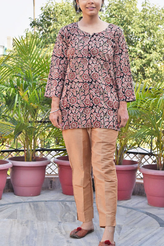 Machalipatnam Kalamkari Hand Block Printed Cotton Short Kurta with sequins on yoke - Size - 38