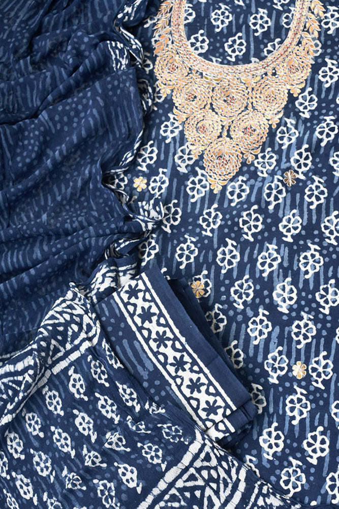 Beautiful Cotton Unstitched Suit Fabric with Indigo Hand Block Print & Gota Patti Work