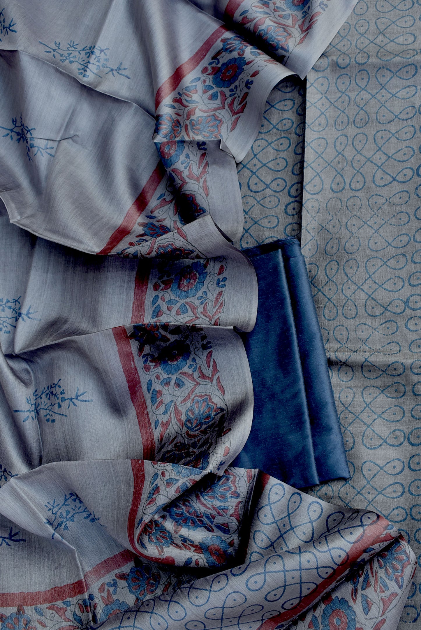 Hand Block Printed Pure Desi Tussar Silk Kurta fabric & Dupatta with art silk bottom Set