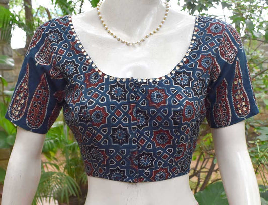 Hand Block Print Ajrakh Cotton Blouse with hand done mirror work- Size 38