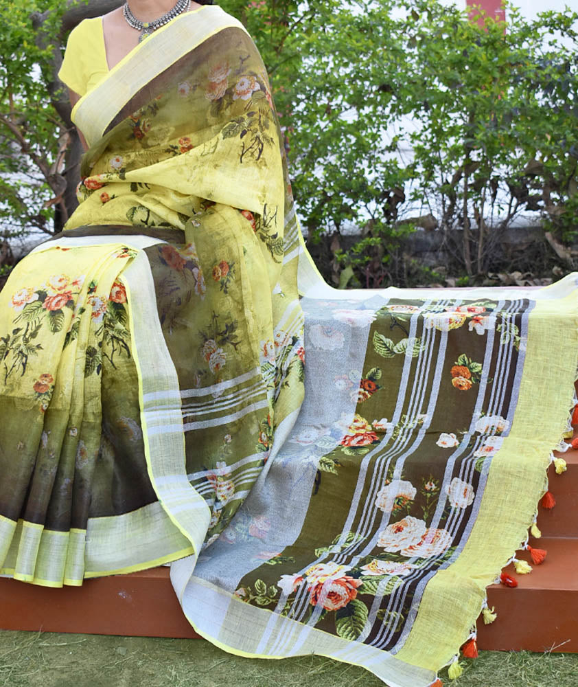 Digital print Linen saree with silver zari border & tassels