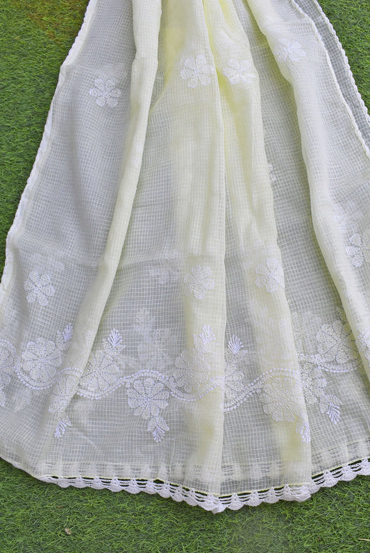 Summer Sorbet : Kota Cotton Dupatta with Hand Chikankari embroidery & crochet borders - Light Lemon Yellow