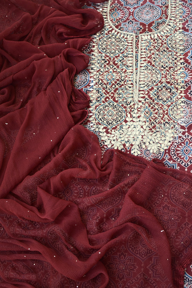 Exclusive Hand Embroidered Mashru Kurta fabric with Ajrakh block print with muqaish & Crochet work chiffon dupatta