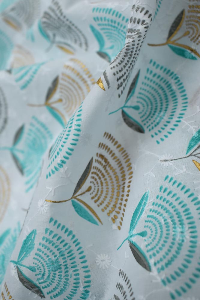 Beautiful white cotton fabric with self embroidery & print (2.5 mtrs cut)