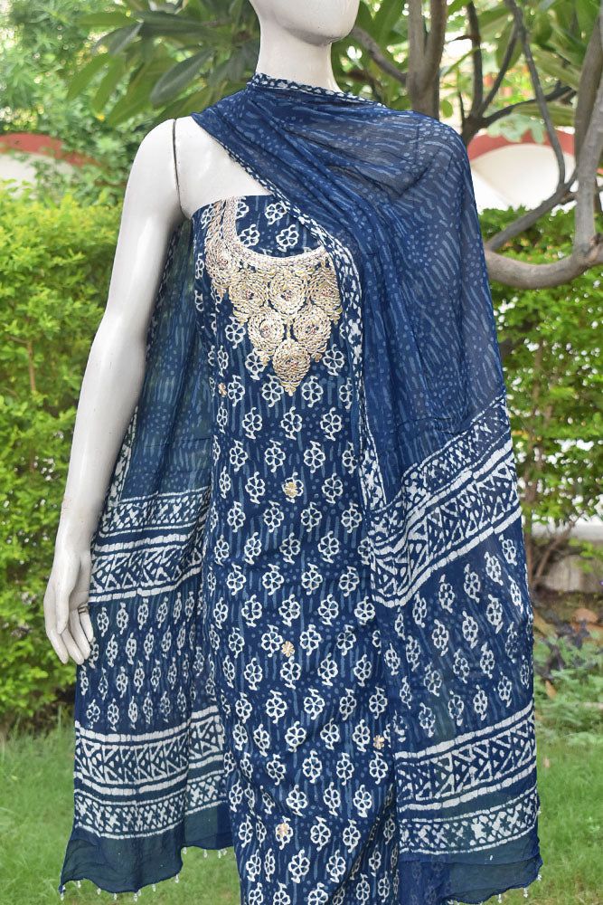Beautiful Cotton Unstitched Suit Fabric with Indigo Hand Block Print & Gota Patti Work