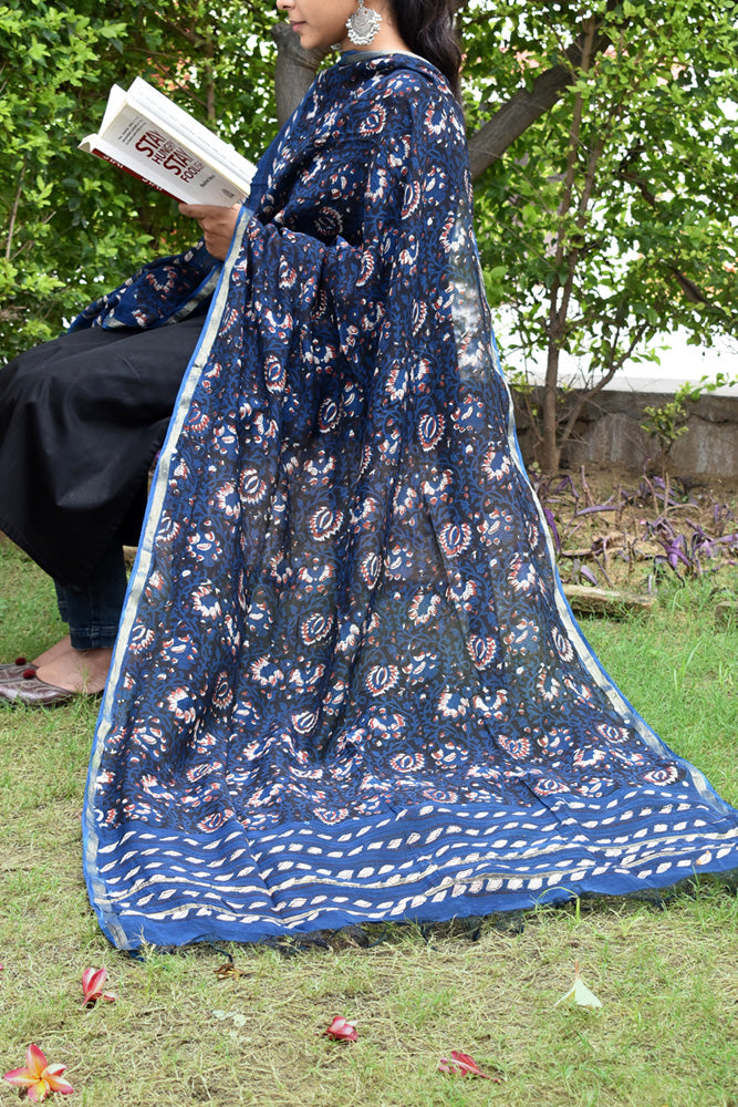 Jahota Hand Block Printed Chanderi Silk Cotton Dupatta