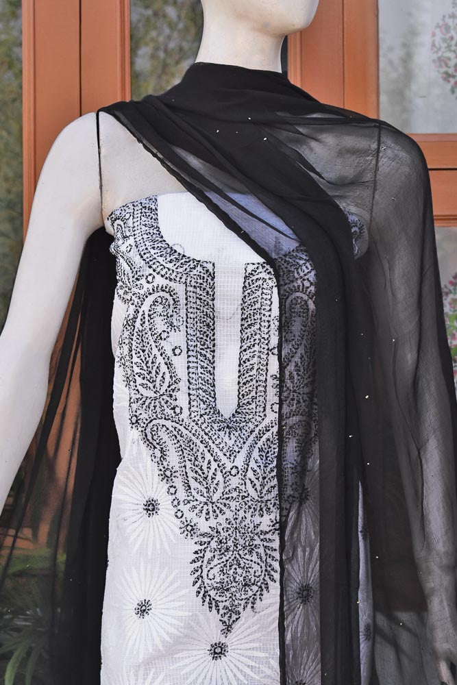 Kota Cotton Kurta with Hand Tepchi embroidery with Chiffon dupatta with crochet borders