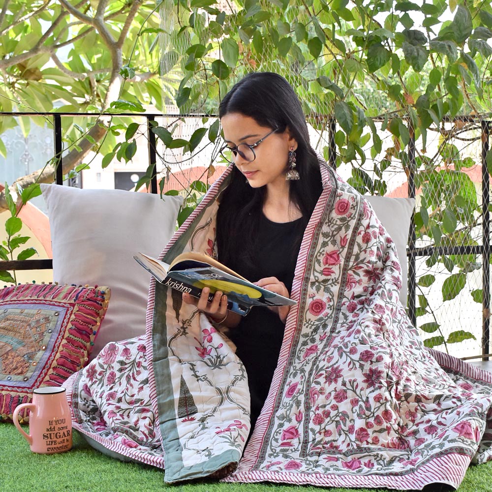 Pair of Reversible Jaipuri Cotton Single Quilt ( 2 single quilt set) with Hand Tagai work